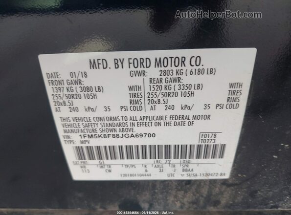 1FM5K8F88JGA69700 2018 FORD EXPLORER Black Vista del compartimento del motor