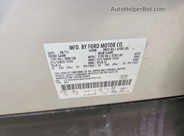 1FM5K8F89GGA79712 2016 FORD EXPLORER Silver VIN კოდის სტიკერის ხედი