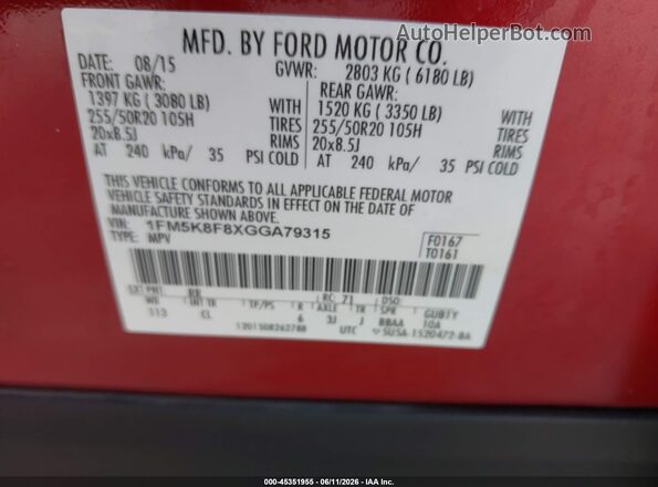 1FM5K8F8XGGA79315 2016 FORD EXPLORER Red Vista del compartimento del motor