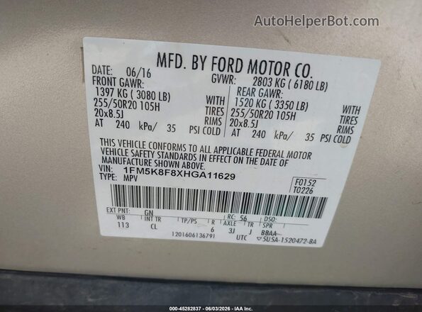 1FM5K8F8XHGA11629 2017 FORD EXPLORER Beige 