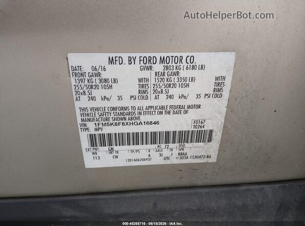 1FM5K8F8XHGA16846 2017 FORD EXPLORER Gold ძრავის განყოფილების ხედი
