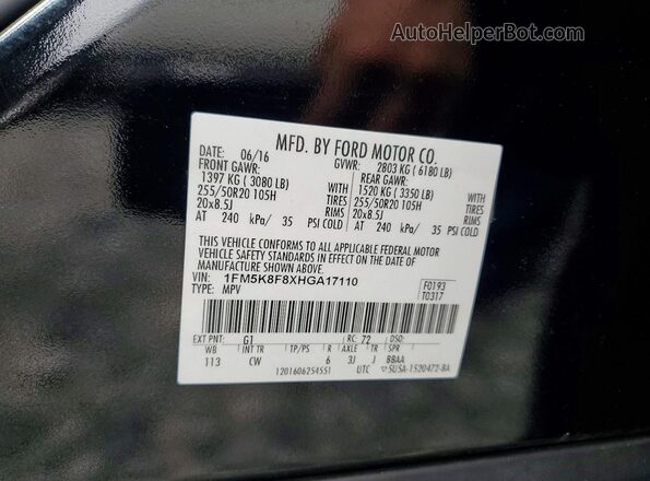 1FM5K8F8XHGA17110 2017 FORD EXPLORER Black 
