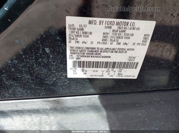 1FM5K8F8XHGC92959 2017 FORD EXPLORER Black ძრავის განყოფილების ხედი