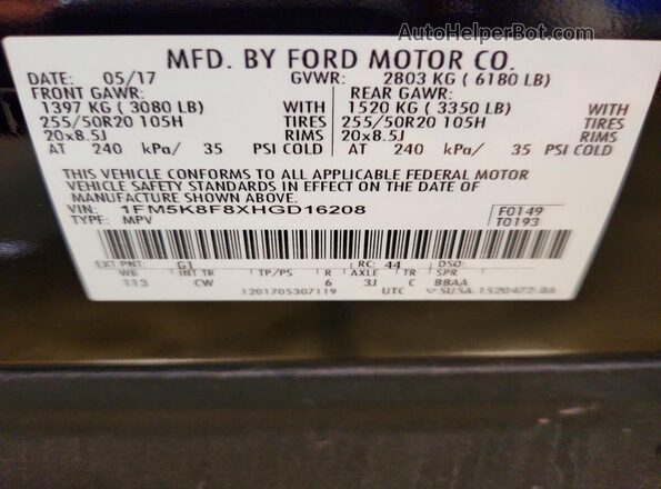 1FM5K8F8XHGD16208 2017 FORD EXPLORER Black Vista interior de 360 grados