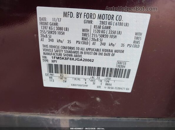 1FM5K8F8XJGA20062 2018 FORD EXPLORER Brown Շարժիչի բաժամունքի տեսք