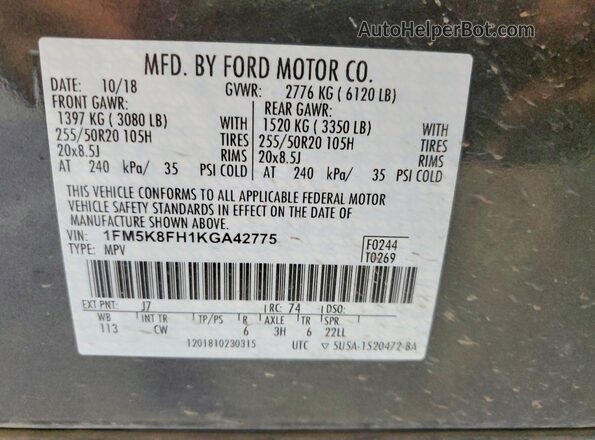 1FM5K8FH1KGA42775 2019 FORD EXPLORER Угольный Вид наклейки с VIN-кодом