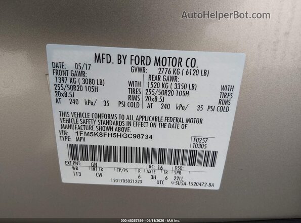 1FM5K8FH5HGC98734 2017 FORD EXPLORER Beige Engine compartment view