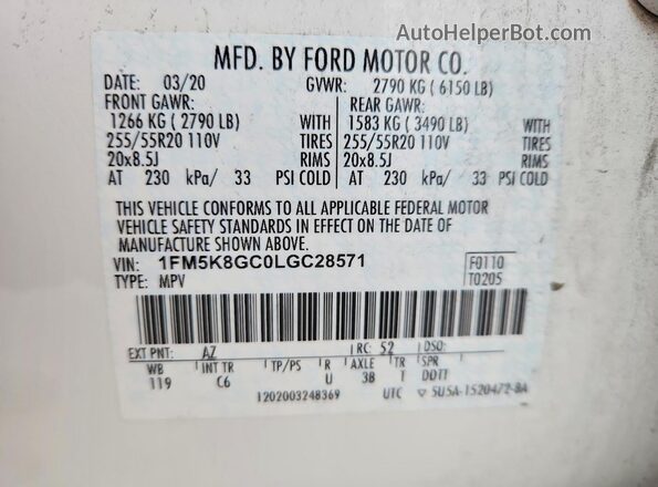 1FM5K8GC0LGC28571 2020 FORD EXPLORER White VIN კოდის სტიკერის ხედი