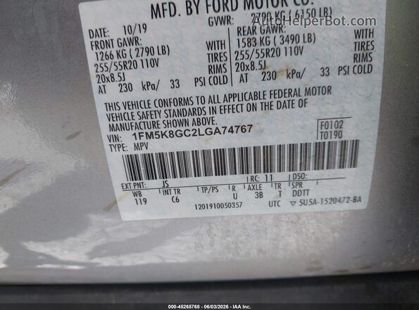 1FM5K8GC2LGA74767 2020 FORD EXPLORER Silver Widok komory silnika