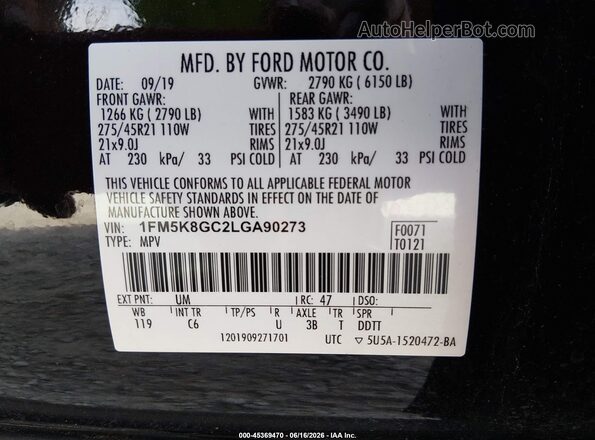 1FM5K8GC2LGA90273 2020 FORD EXPLORER Black ძრავის განყოფილების ხედი