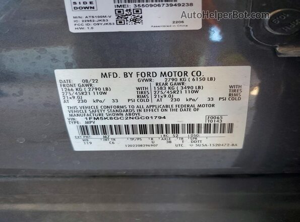 1FM5K8GC2NGC01794 2022 FORD EXPLORER Charcoal 