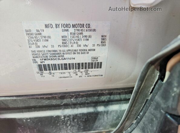 1FM5K8GC3LGA11614 2020 FORD EXPLORER White Вид наклейки з VIN-кодом