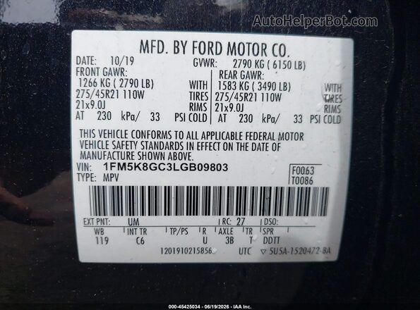 1FM5K8GC3LGB09803 2020 FORD EXPLORER Black Շարժիչի բաժամունքի տեսք