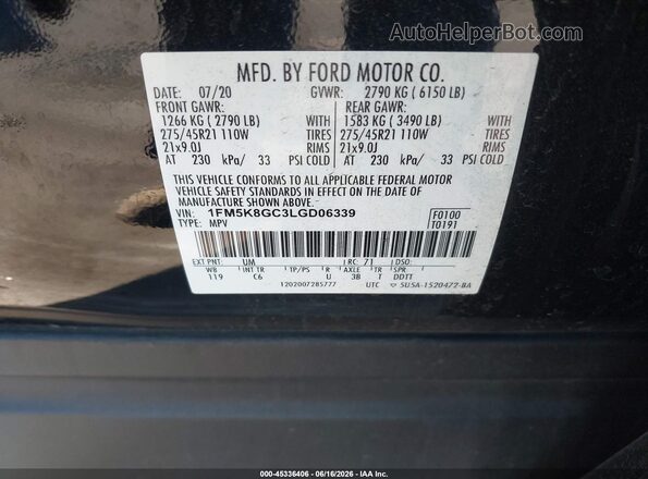 1FM5K8GC3LGD06339 2020 FORD EXPLORER Black Vista del compartimento del motor