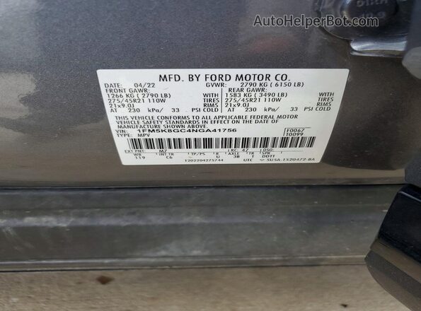 1FM5K8GC4NGA41756 2022 FORD EXPLORER Gray Vista de la etiqueta del VIN