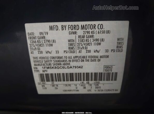 1FM5K8GC6LGA79342 2020 FORD EXPLORER Blue Vista del compartimento del motor
