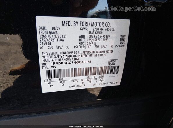 1FM5K8GC7NGC46875 2022 FORD EXPLORER Black Вид підкапотного простору