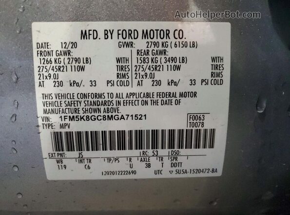 1FM5K8GC8MGA71521 2021 FORD EXPLORER Silver Вид наклейки з VIN-кодом