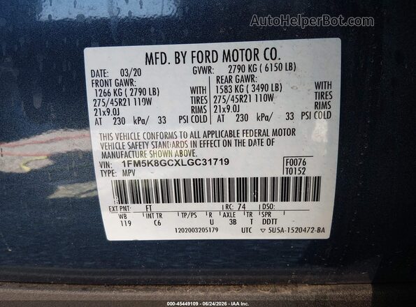 1FM5K8GCXLGC31719 2020 FORD EXPLORER Blue ძრავის განყოფილების ხედი