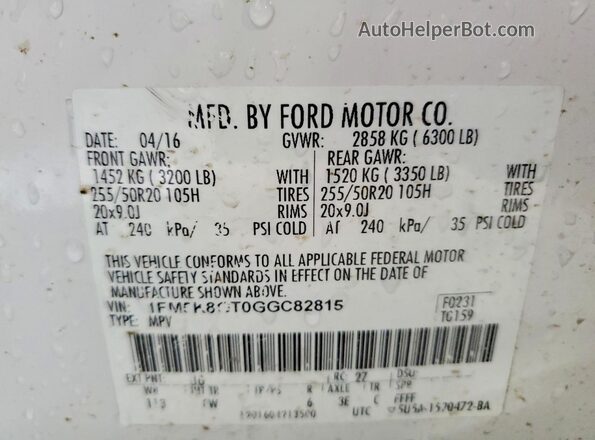 1FM5K8GT0GGC82815 2016 FORD EXPLORER White VIN կոդի պիտակի տեսք