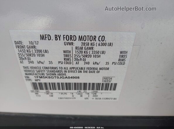 1FM5K8GT0JGA04908 2018 FORD EXPLORER White Շարժիչի բաժամունքի տեսք