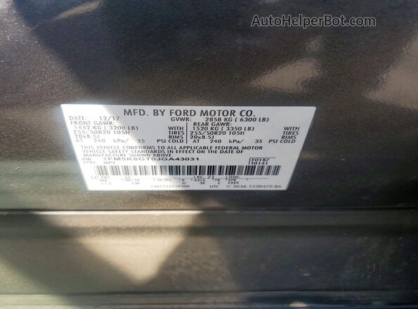 1FM5K8GT0JGA43031 2018 FORD EXPLORER Gray VIN կոդի պիտակի տեսք