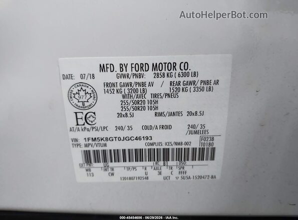 1FM5K8GT0JGC46193 2018 FORD EXPLORER White Вид підкапотного простору