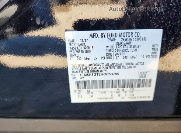 1FM5K8GT2HGC53785 2017 FORD EXPLORER Black VIN sticker view