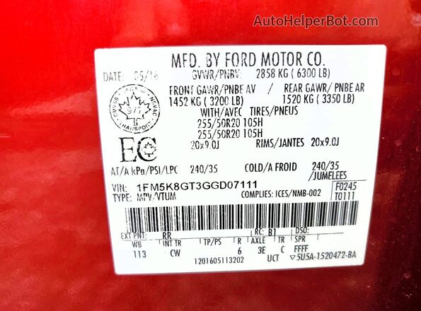 1FM5K8GT3GGD07111 2016 FORD EXPLORER Red Widok naklejki z numerem VIN