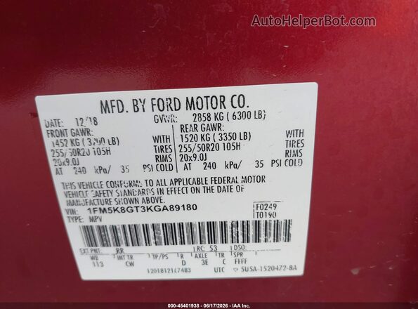 1FM5K8GT3KGA89180 2019 FORD EXPLORER Red Vista del compartimento del motor