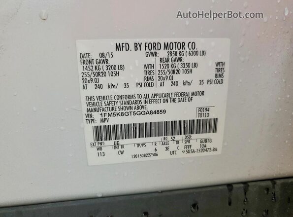 1FM5K8GT5GGA84859 2016 FORD EXPLORER White Widok komory silnika
