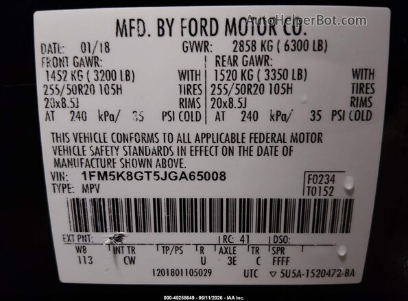 1FM5K8GT5JGA65008 2018 FORD EXPLORER Black Շարժիչի բաժամունքի տեսք