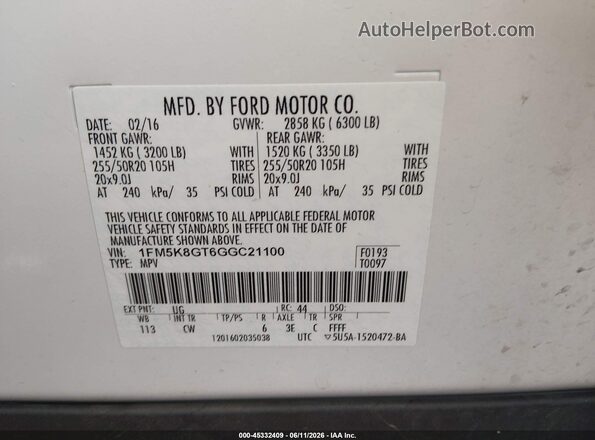 1FM5K8GT6GGC21100 2016 FORD EXPLORER White 