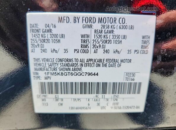 1FM5K8GT6GGC79644 2016 FORD EXPLORER Black Vista interior de 360 grados
