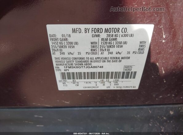 1FM5K8GT7JGA86748 2018 FORD EXPLORER Бордовый Вид подкапотного пространства