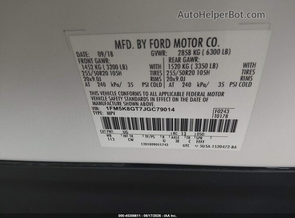 1FM5K8GT7JGC79014 2018 FORD EXPLORER Белый Вид подкапотного пространства