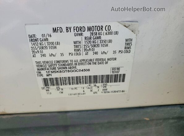 1FM5K8GT8GGC04508 2016 FORD EXPLORER White Widok wnętrza 360 stopni