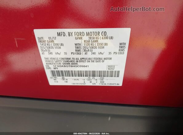 1FM5K8GT8HGC09841 2017 FORD EXPLORER Red Vista del compartimento del motor