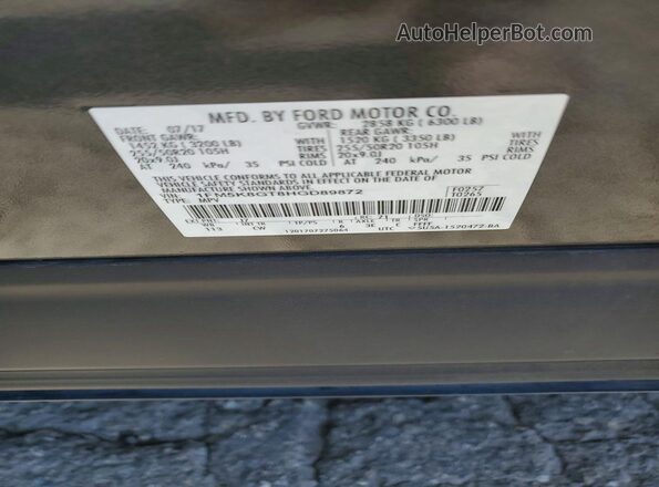 1FM5K8GT8HGD89872 2017 FORD EXPLORER Charcoal VIN კოდის სტიკერის ხედი