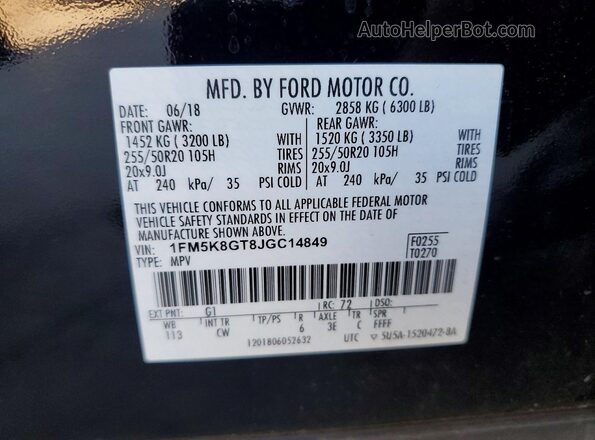 1FM5K8GT8JGC14849 2018 FORD EXPLORER Black VIN კოდის სტიკერის ხედი