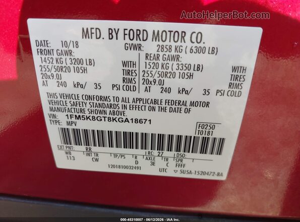 1FM5K8GT8KGA18671 2019 FORD EXPLORER Red 