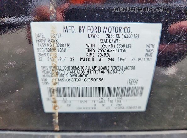 1FM5K8GTXHGC50956 2017 FORD EXPLORER Black Vista de la etiqueta del VIN