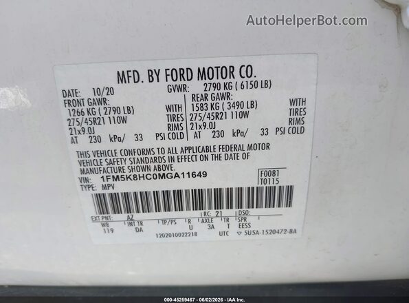 1FM5K8HC0MGA11649 2021 FORD EXPLORER White Engine compartment view