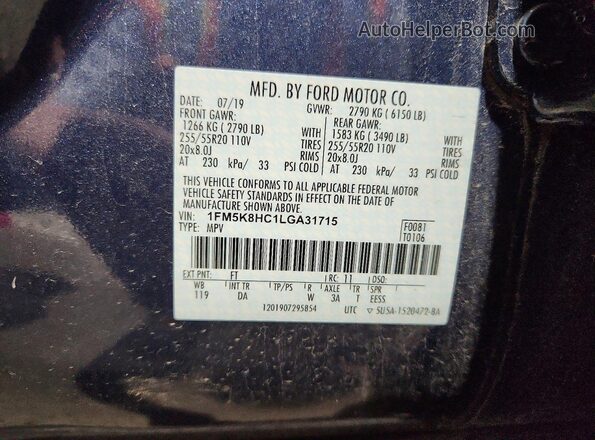 1FM5K8HC1LGA31715 2020 FORD EXPLORER Blue VIN կոդի պիտակի տեսք