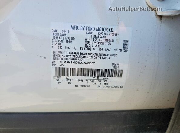 1FM5K8HC1LGA49552 2020 FORD EXPLORER White 