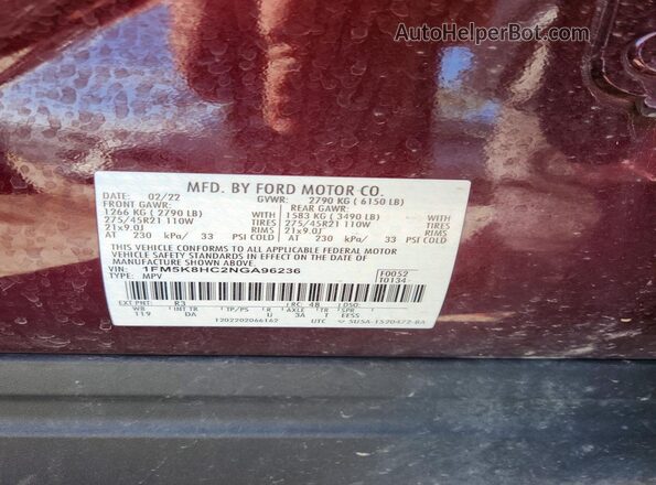 1FM5K8HC2NGA96236 2022 FORD EXPLORER Burgundy VIN sticker view