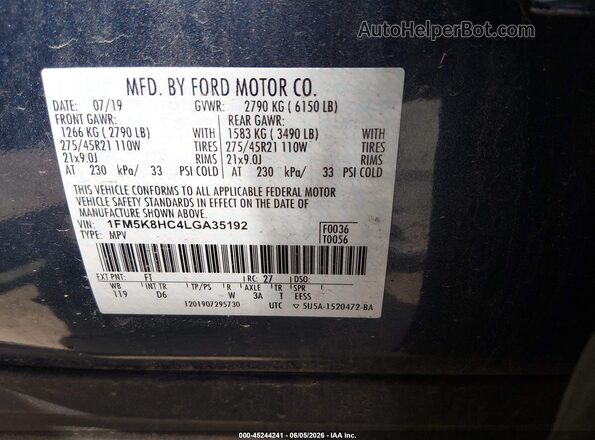 1FM5K8HC4LGA35192 2020 FORD EXPLORER Gray ძრავის განყოფილების ხედი