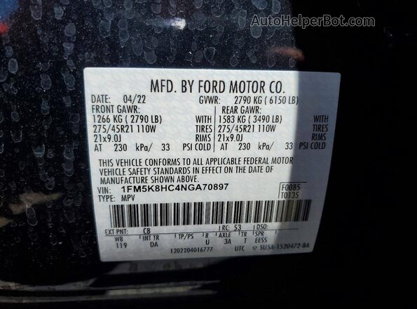 1FM5K8HC4NGA70897 2022 FORD EXPLORER Charcoal VIN կոդի պիտակի տեսք