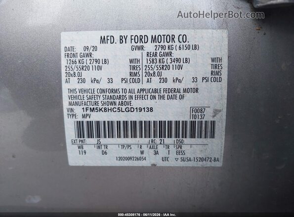 1FM5K8HC5LGD19138 2020 FORD EXPLORER Silver Vista del compartimento del motor