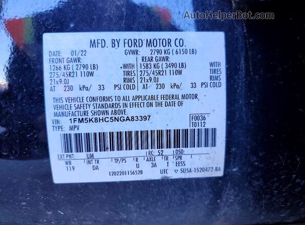 1FM5K8HC5NGA83397 2022 FORD EXPLORER Black Панорамний вид салону 360°